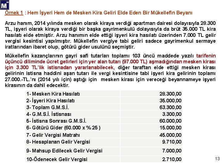 Örnek 1 : Hem İşyeri Hem de Mesken Kira Geliri Elde Eden Bir Mükellefin