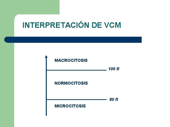 INTERPRETACIÓN DE VCM MACROCITOSIS 100 fl NORMOCITOSIS 80 fl MICROCITOSIS 