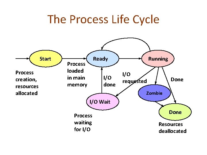 The Process Life Cycle Start Process creation, resources allocated Ready Process loaded in main