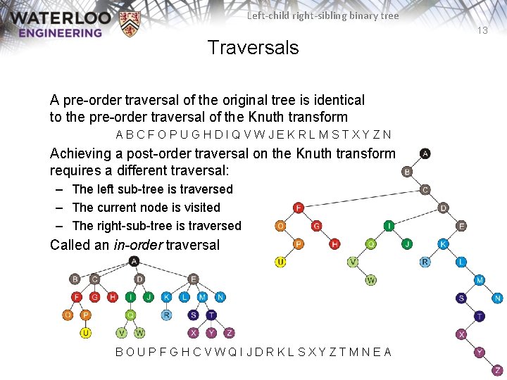 Left-child right-sibling binary tree 13 Traversals A pre-order traversal of the original tree is Left-child right-sibling binary tree 13 Traversals A pre-order traversal of the original tree is