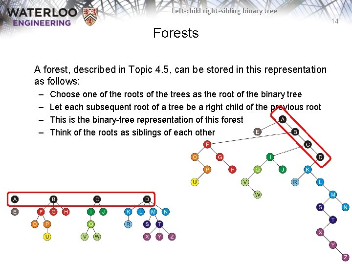 Left-child right-sibling binary tree 14 Forests A forest, described in Topic 4. 5, can Left-child right-sibling binary tree 14 Forests A forest, described in Topic 4. 5, can