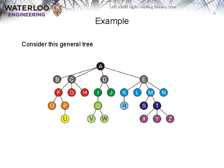 Left-child right-sibling binary tree 4 Example Consider this general tree Left-child right-sibling binary tree 4 Example Consider this general tree
