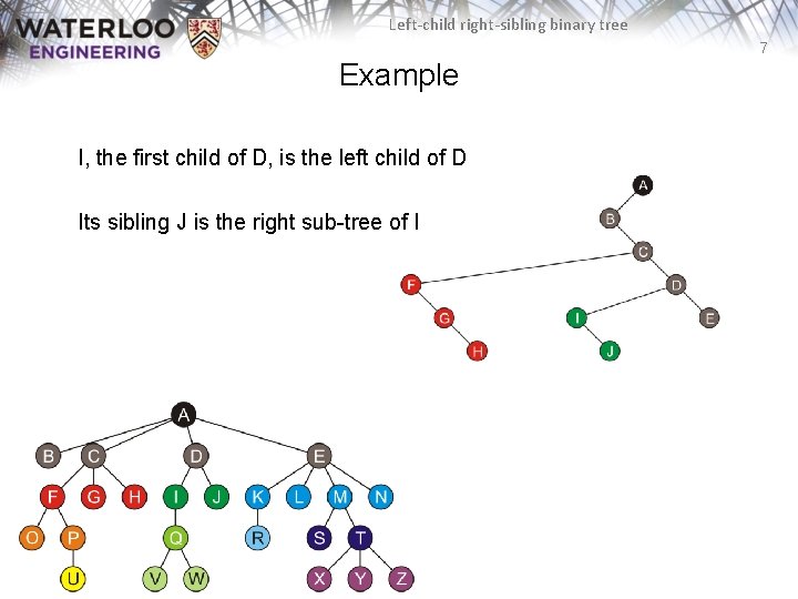 Left-child right-sibling binary tree 7 Example I, the first child of D, is the Left-child right-sibling binary tree 7 Example I, the first child of D, is the