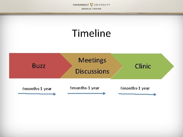 Timeline Buzz 6 months-1 year Meetings Discussions 6 months-1 year Clinic 6 months-1 year