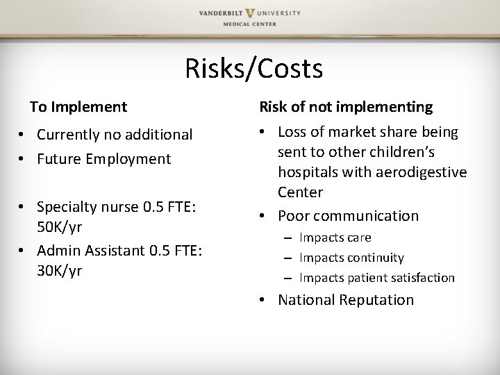 Risks/Costs To Implement • Currently no additional • Future Employment • Specialty nurse 0.