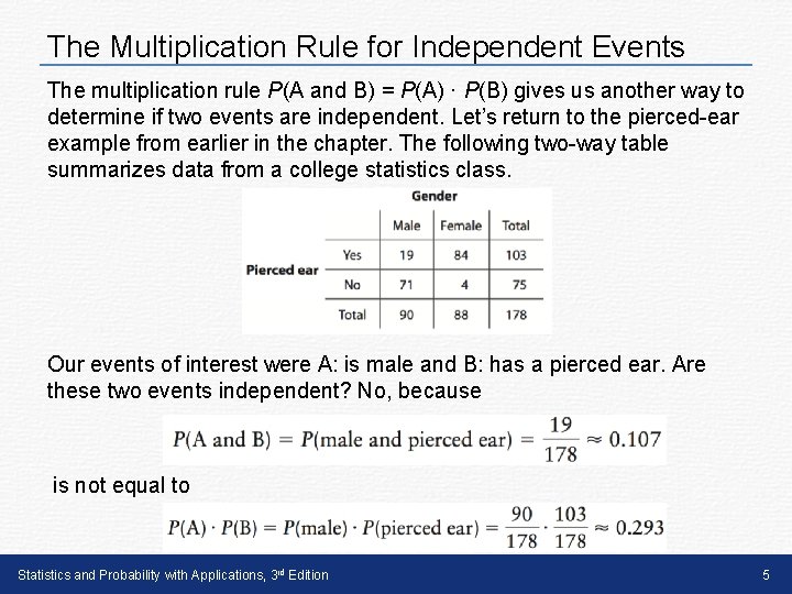 The Multiplication Rule for Independent Events The multiplication rule P(A and B) = P(A) The Multiplication Rule for Independent Events The multiplication rule P(A and B) = P(A)