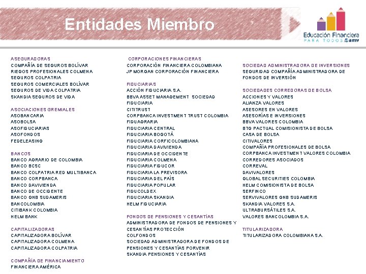 Entidades Miembro ASEGURADORAS COMPAÑÍA DE SEGUROS BOLÍVAR RIEGOS PROFESIONALES COLMENA SEGUROS COLPATRIA SEGUROS COMERCIALES