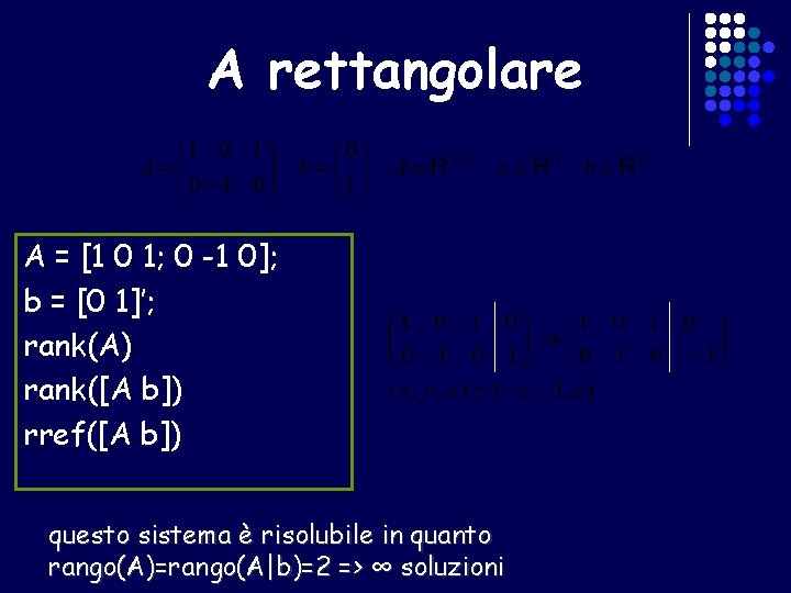 A rettangolare A = [1 0 1; 0 -1 0]; b = [0 1]’;