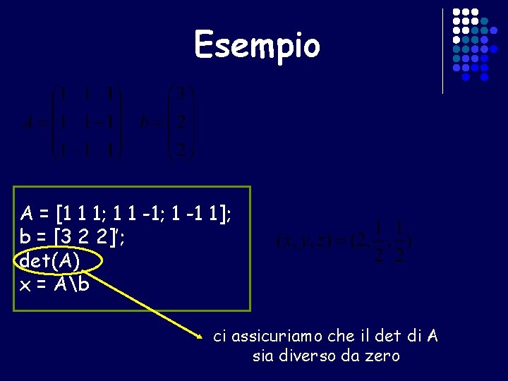 Esempio A = [1 1 1; 1 1 -1; 1 -1 1]; b =
