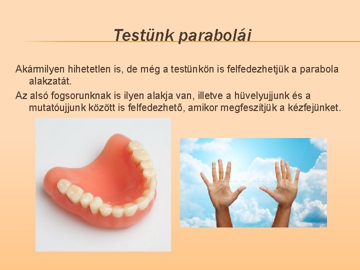 Testünk parabolái Akármilyen hihetetlen is, de még a testünkön is felfedezhetjük a parabola alakzatát.