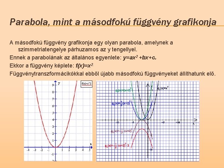 Parabola, mint a másodfokú függvény grafikonja A másodfokú függvény grafikonja egy olyan parabola, amelynek