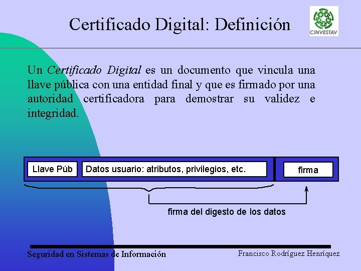 Certificado Digital: Definición Un Certificado Digital es un documento que vincula una llave pública