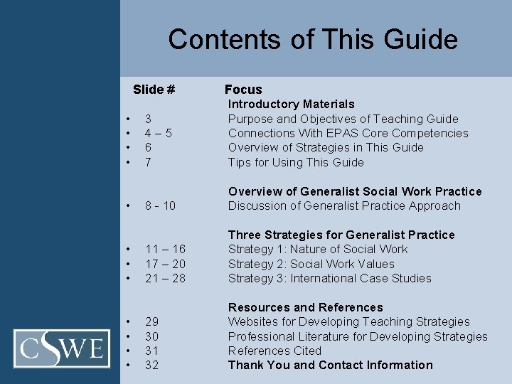 Contents of This Guide Slide # Focus • • • 3 4 – 5