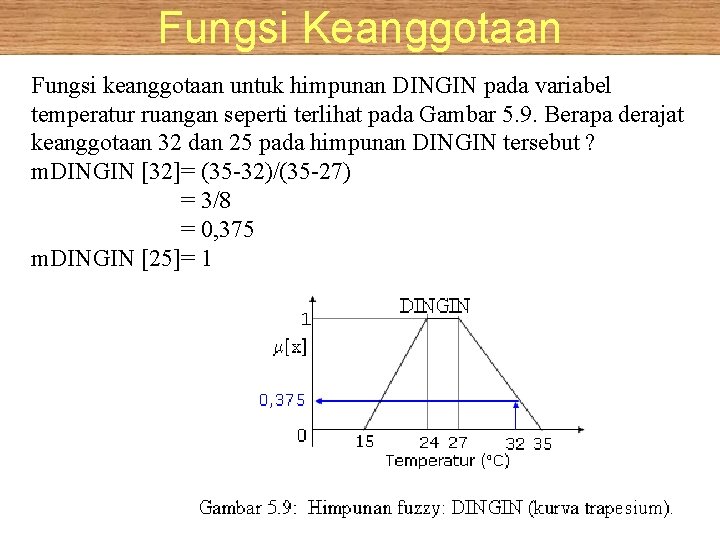 Fungsi Keanggotaan Fungsi keanggotaan untuk himpunan DINGIN pada variabel temperatur ruangan seperti terlihat pada