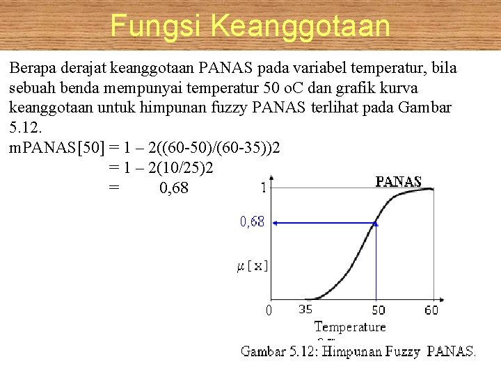 Fungsi Keanggotaan Berapa derajat keanggotaan PANAS pada variabel temperatur, bila sebuah benda mempunyai temperatur