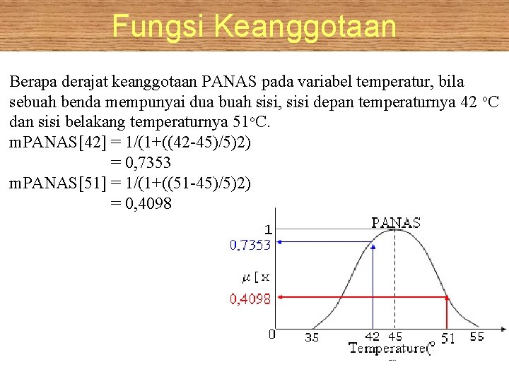 Fungsi Keanggotaan Berapa derajat keanggotaan PANAS pada variabel temperatur, bila sebuah benda mempunyai dua