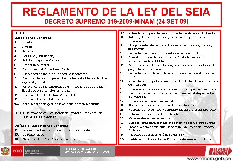 REGLAMENTO DE LA LEY DEL SEIA DECRETO SUPREMO 019 -2009 -MINAM (24 SET 09)