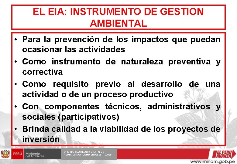EL EIA: INSTRUMENTO DE GESTION AMBIENTAL • Para la prevención de los impactos que