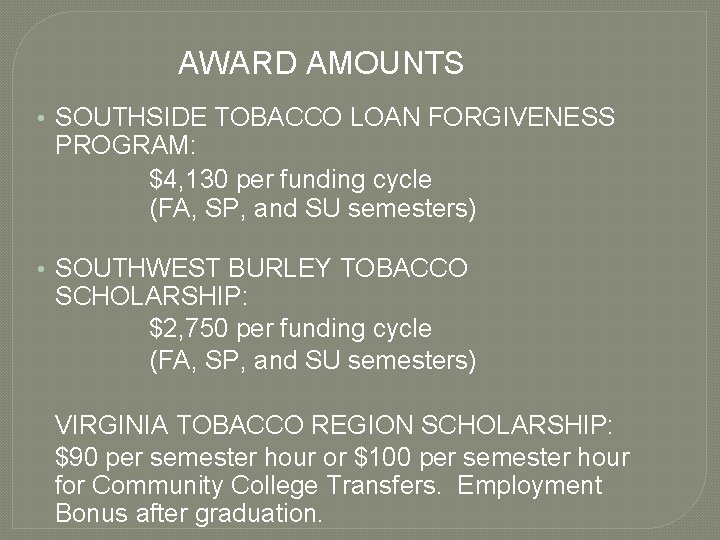 AWARD AMOUNTS • SOUTHSIDE TOBACCO LOAN FORGIVENESS PROGRAM: $4, 130 per funding cycle (FA,