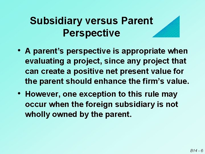 Subsidiary versus Parent Perspective • A parent’s perspective is appropriate when evaluating a project,