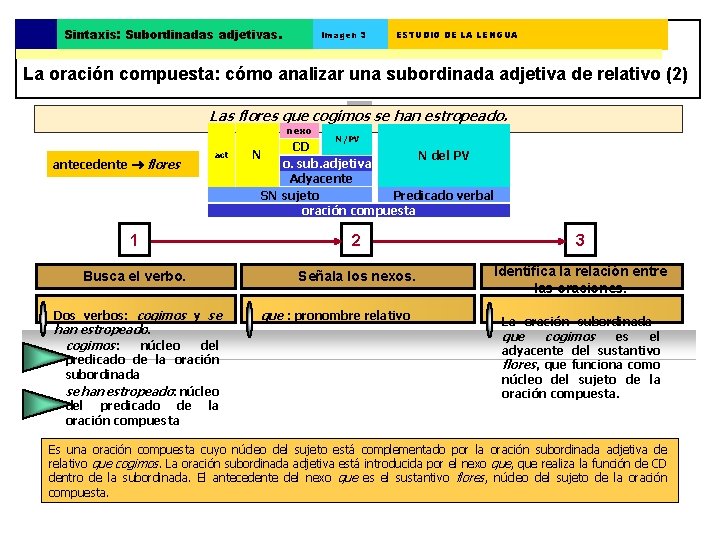 Sintaxis: Subordinadas adjetivas. Imagen 3 ESTUDIO DE LA LENGUA La oración compuesta: cómo analizar