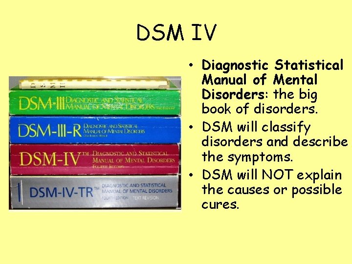 DSM IV • Diagnostic Statistical Manual of Mental Disorders: the big book of disorders.