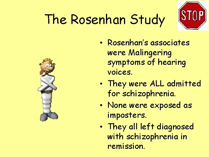 The Rosenhan Study • Rosenhan’s associates were Malingering symptoms of hearing voices. • They