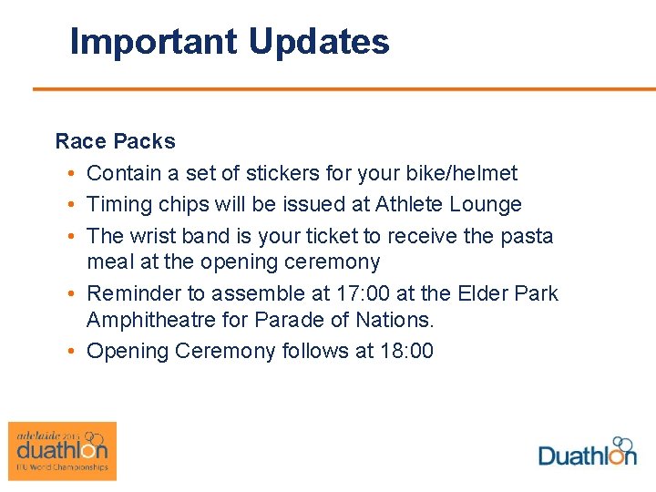 Important Updates Race Packs • Contain a set of stickers for your bike/helmet •