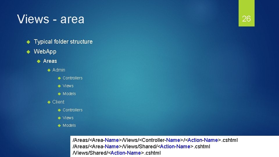 Views - area Typical folder structure Web. App Areas Admin Controllers Views Models Client