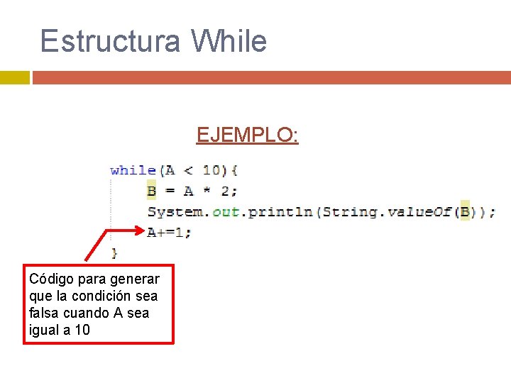 Estructura While EJEMPLO: Código para generar que la condición sea falsa cuando A sea