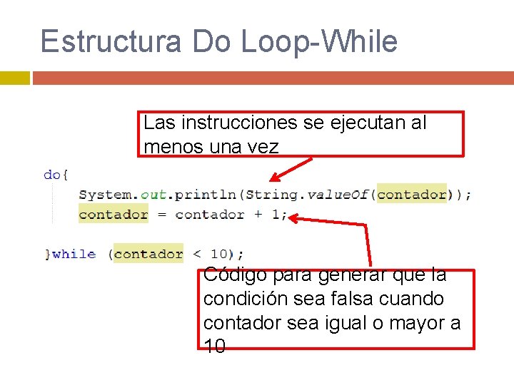 Estructura Do Loop-While Las instrucciones se ejecutan al menos una vez Código para generar