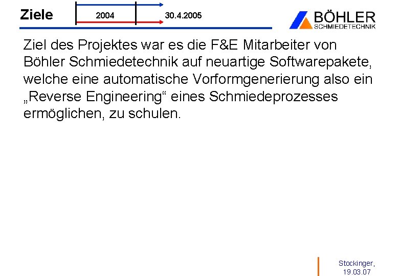 Ziele 2004 30. 4. 2005 Ziel des Projektes war es die F&E Mitarbeiter von