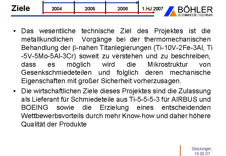 Ziele 2004 2005 2006 1. HJ 2007 • Das wesentliche technische Ziel des Projektes