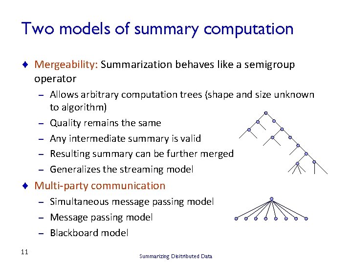 Two models of summary computation ¨ Mergeability: Summarization behaves like a semigroup operator –