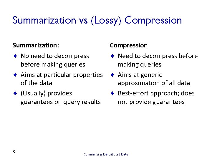 Summarization vs (Lossy) Compression Summarization: Compression ¨ No need to decompress ¨ Need to