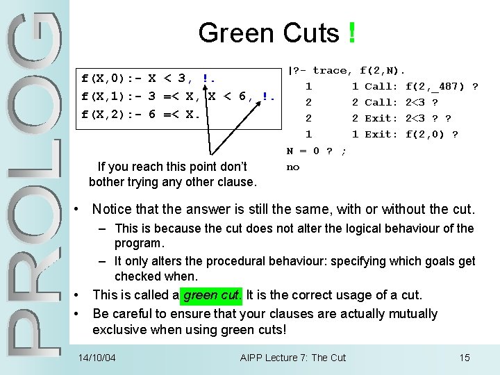 Green Cuts ! f(X, 0): - X < 3, !. f(X, 1): - 3