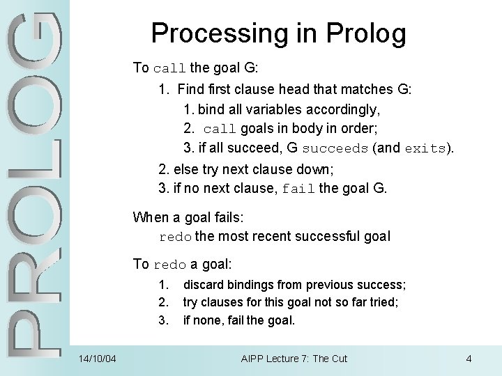 Processing in Prolog To call the goal G: 1. Find first clause head that