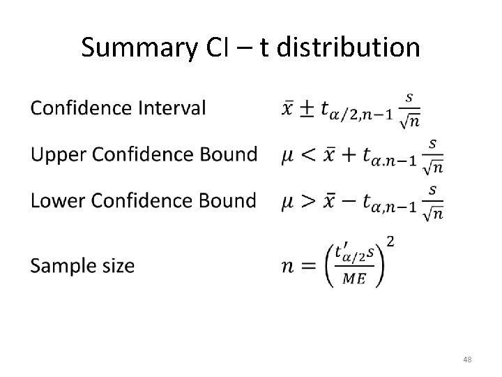 Summary CI – t distribution • 48 