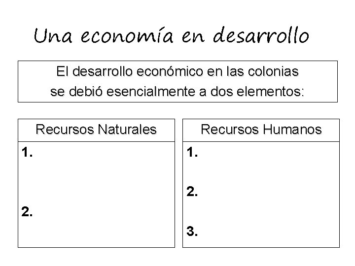 Una economía en desarrollo El desarrollo económico en las colonias se debió esencialmente a