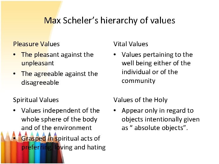 Max Scheler’s hierarchy of values Pleasure Values • The pleasant against the unpleasant •