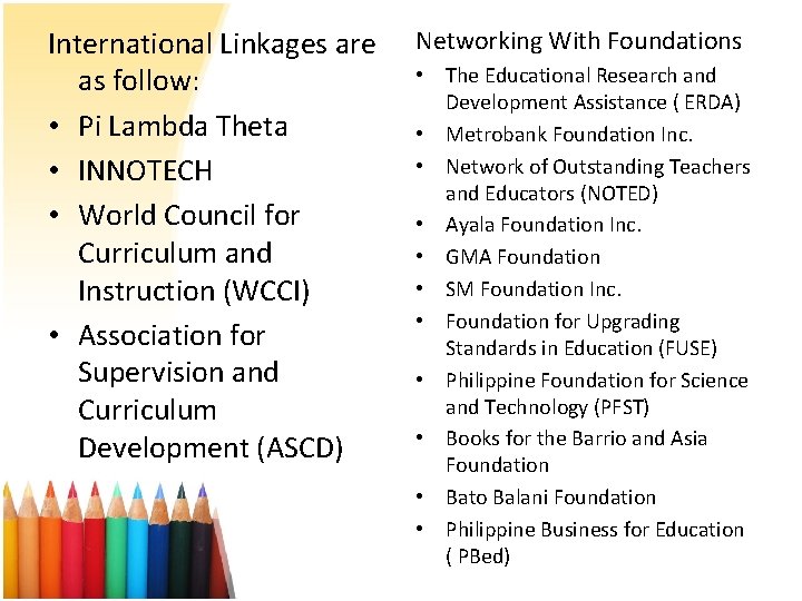 International Linkages are as follow: • Pi Lambda Theta • INNOTECH • World Council