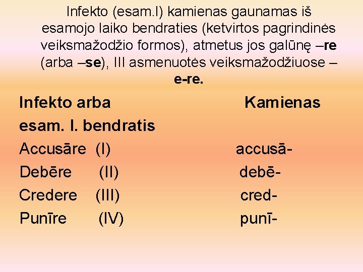 Infekto (esam. l) kamienas gaunamas iš esamojo laiko bendraties (ketvirtos pagrindinės veiksmažodžio formos), atmetus