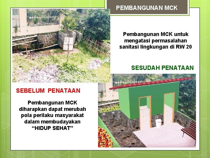 PEMBANGUNAN MCK Pembangunan MCK untuk mengatasi permasalahan sanitasi lingkungan di RW 20 SESUDAH PENATAAN