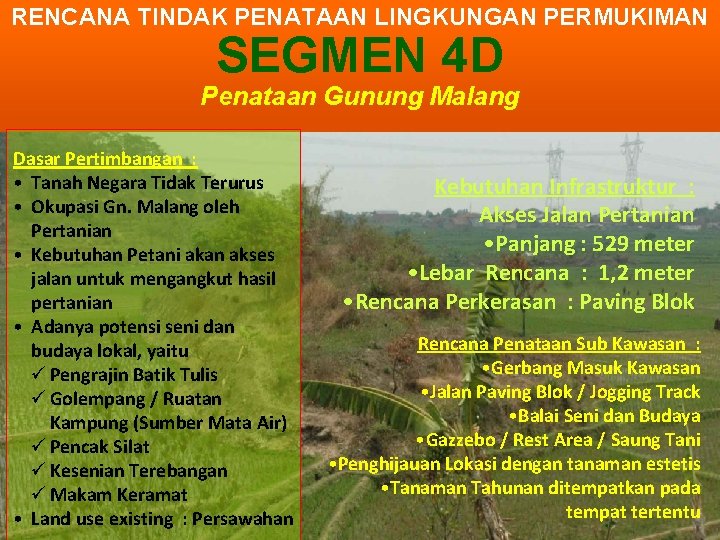 RENCANA TINDAK PENATAAN LINGKUNGAN PERMUKIMAN SEGMEN 4 D Penataan Gunung Malang Dasar Pertimbangan :