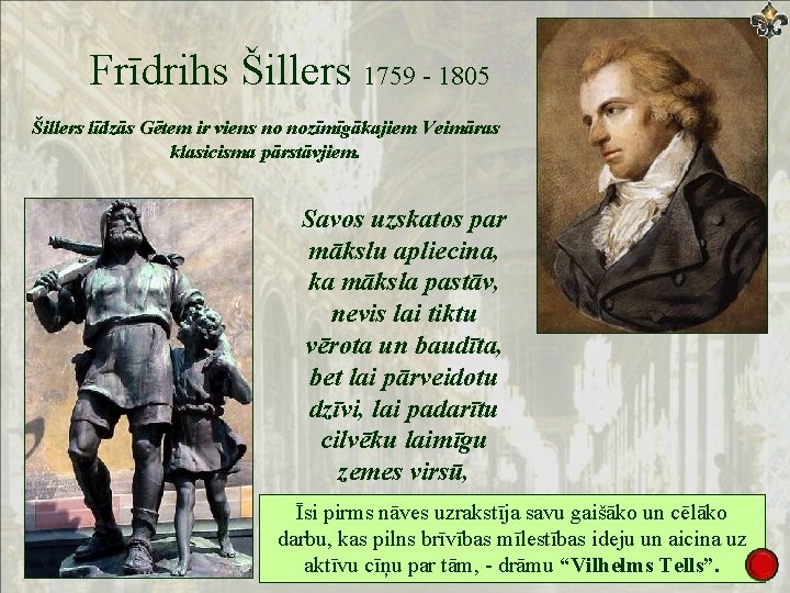 Frīdrihs Šillers 1759 - 1805 Šillers līdzās Gētem ir viens no nozīmīgākajiem Veimāras klasicisma