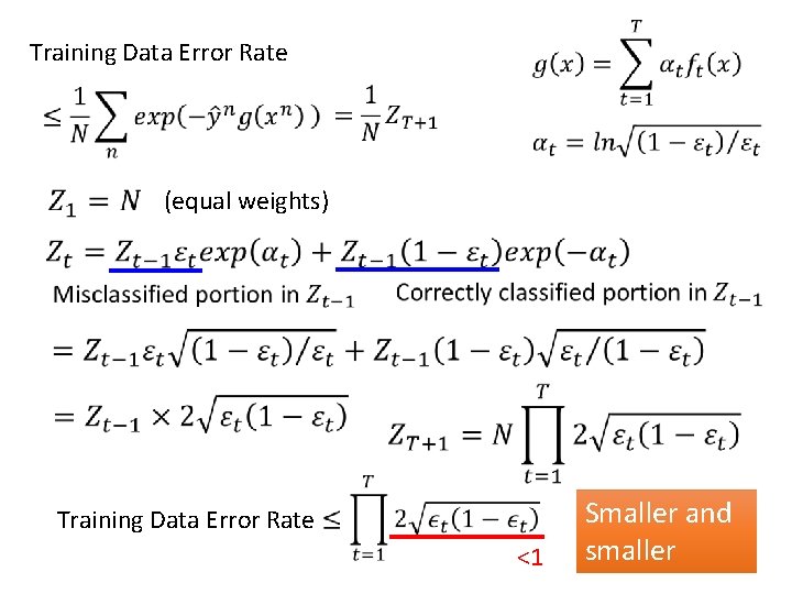 Training Data Error Rate (equal weights) Training Data Error Rate <1 Smaller and smaller