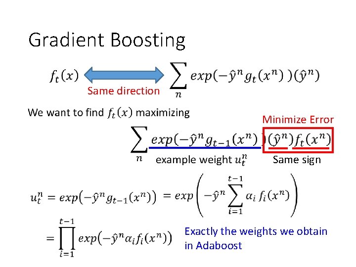 Gradient Boosting Same direction Minimize Error Same sign Exactly the weights we obtain in