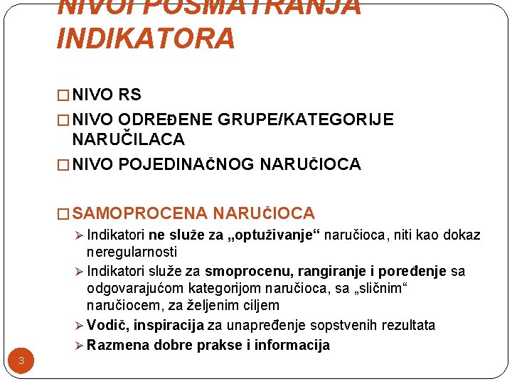 NIVOI POSMATRANJA INDIKATORA � NIVO RS � NIVO ODREĐENE GRUPE/KATEGORIJE NARUČILACA � NIVO POJEDINAČNOG