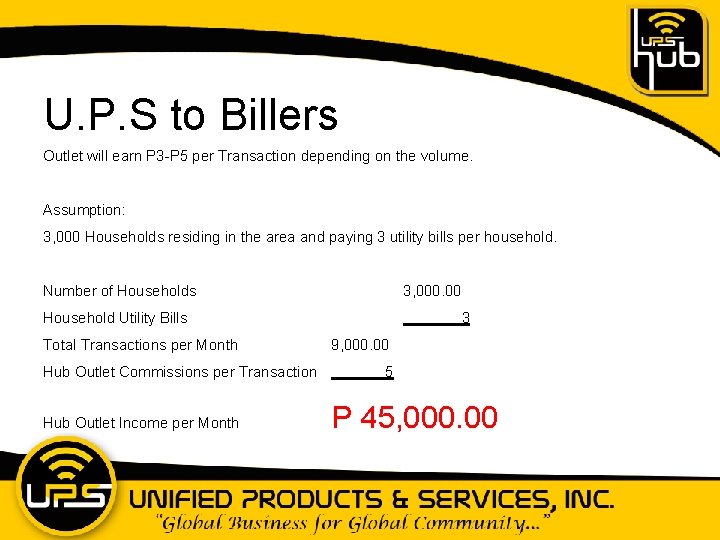U. P. S to Billers Outlet will earn P 3 -P 5 per Transaction