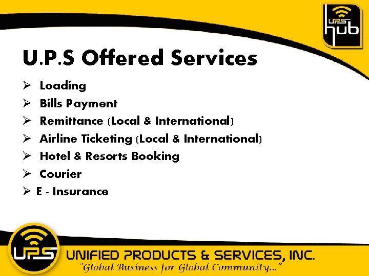 U. P. S Offered Services Ø Ø Ø Ø Loading Bills Payment Remittance (Local